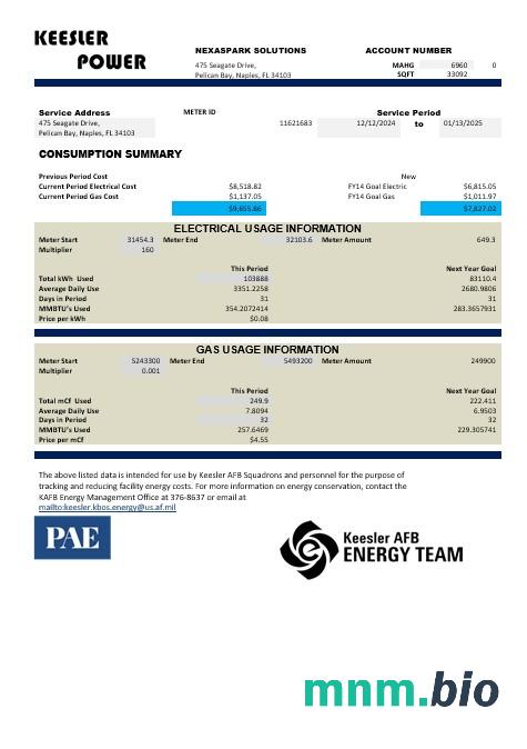 USA Mississippi Keesler AFB Energy rachunek za usługi komunalne szablon w formacie Word i PDF